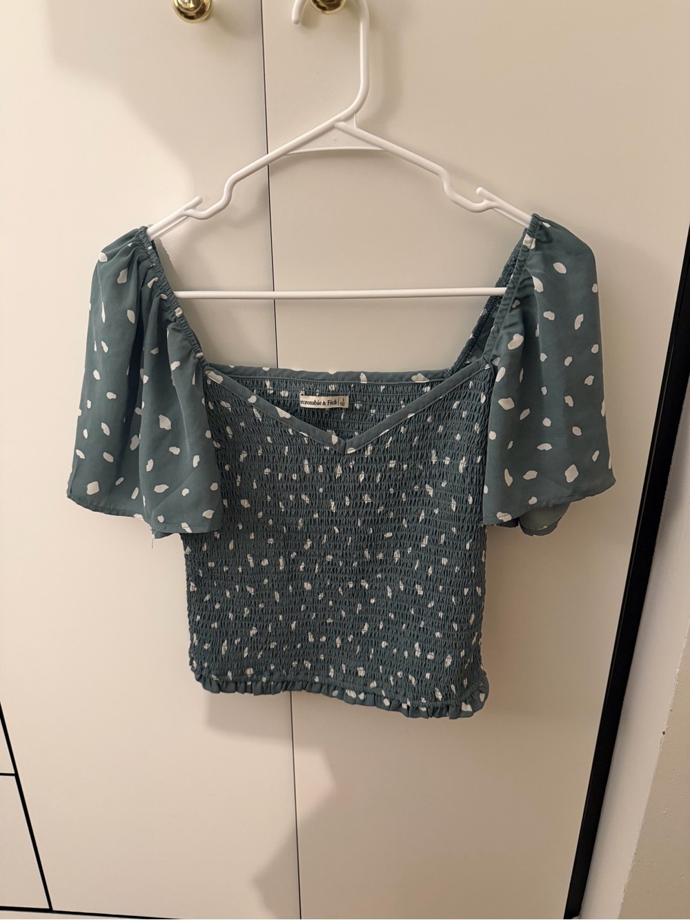 Abercrombie & Fitch Teal Smocked Crop Top with White Spot Print